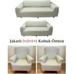 Jakarlı Çubuk, Düz Desen 3 2 1 1 Lastikli Koltuk, Kanepe, Çekyat Örtüsü, Kılıfı Esnekli - 180 x 230 cm - Beyaz - Krem