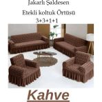 Jakarlı Şal Desen Koltuk, Kanepe, Çekyat Örtüsü, Likralı, Etekli, Koltuk Kılıfı 3+3+1+1 Takım Gri - 180 x 230 cm - Kahve