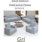 Jakarlı Şal Desen Koltuk, Kanepe, Çekyat Örtüsü, Likralı, Etekli, Koltuk Kılıfı 3+3+1+1 Takım Gri - 180 x 230 cm