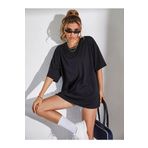 Jakarlı Unisex Siyah Bisiklet Yaka Pamuk Oversize Boyfriend T-shirt