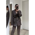 Jamolls Hafif Vatkalı Çantalı Tasarım Kemer Detay Cep Görünüm Orta Boy Muadil Premium Kalite Oversize Kesim Muadil Blazer Ceket - Kahve - Standart