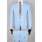 Jan Carlucci Buz Mavisi Slim Fit Çift Pileli- Tokalı Italyan Pantolon, Çift Cep Ceket Modelli Drop 6 Takım Elbise - Açık Mavi - 58