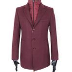 Jan Carlucci Erkek - Slim Fit - Bordo - Çıkmalı Ceket Yaka - Içi Kapitoneli -Tek Yırtmaç - Dizüstü Kaşe Kaban - 52