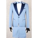 Jan Carlucci Slim Fit Saten Sivri Yaka-Çift Yırtmaç Buz Mavisi Drop 6 Damatlık Smokin - Full Set Yelek, Gömlek, Papyon - 50