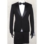 Jan Carlucci Slim Fit Saten Sivri Yaka-Çift Yırtmaç Siyah Drop 6 Damatlık Smokin - Full Set Yelek, Gömlek, Papyon - 58