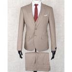 Jan Carlucci Slim Fit Sivri Yaka-Çift Yırtmaç Bej Rengi Drop 6 Yelekli Takım Elbise - 56 - 6 Drop