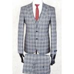 Jan Carlucci Slim Fit Sivri Yaka-Çift Yırtmaç Gri Kareli Yelekli Drop 6 Takım Elbise - 52