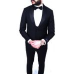 Jan Carlucci Slimfit Şal Yaka Damatlık Takım Ceket - Yelek - Pantolon - Gömlek - Papyon - 48 - 6 Drop - Koyu Lacivert
