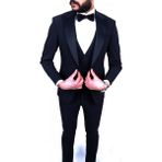 Jan Carlucci Slimfit Sivri Yaka Damatlık Takım Ceket - Yelek - Pantolon - Gömlek - Papyon - 6 Drop - Lacivert - 58