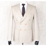 Jan Carlucci Yazlık Kruvaze -Yarım Astar- Metal Düğme Slimfit Drop 6 Ceket- Açık Taş Rengi - 50 - 6 Drop