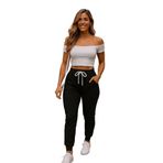 Janes Collection Kadın Kısa Kollu Madonna Yaka Viskon Crop Bluz Cepli Iki Iplik Eşofman Takım (2, Siyah - Beyaz, 2XL - 3XL)
