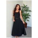 JANES Kadın Askılı Kare Yakalı Kemersiz A şeklinde Gelen Uzun Ithal Krep Elbise