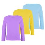 Janisramone® Çocuk tişörtü, 3'lü paket, uzun kollu tişört, kız çocuk, yuvarlak yaka, spor tişört, erkek çocuk, tek renkli, esnek, polietilen okul tişörtü, rahat yazlık üst giyim, Leylak, Sarı, Gök
