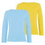 janisramone® Çocuk uzun kollu tişört, 2 adet tek renkli, yuvarlak yaka, uzun kollu tişört, rahat kız okul tişörtü, esnek kız ve erkek spor üst, basic yazlık üst giyim, Gök Mavisi - Sarı, 11-12 Yaş