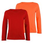 janisramone® Çocuk uzun kollu tişört, 2 adet tek renkli, yuvarlak yaka, uzun kollu tişört, rahat kız okul tişörtü, esnek kız ve erkek spor üst, basic yazlık üst giyim, Kırmızı - Neon Turuncu, 3-4 Yaş
