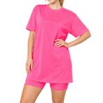 janisramone Kadın Bayanlar Yeni Düz Bol Uzun Çizgili Tişört Pijama Elbise Bisiklet Şortu 2 Parça Takım Yaz Lounge Giyim, neon pembe, 8-10