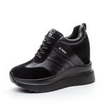 JAOOUU Kama topuklu spor ayakkabı, kadın platformu, konforlu rahat ayakkabı, dolgu spor ayakkabısı, hafif, moda, boş zaman ayakkabısı, deri topuk 9 cm, 572 Siyah, 37 EU
