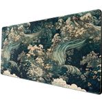 Japon Büyük Mouse Pad Oyun Deniz Dalgası Masa Pedi Mavi Deniz Çiçeği Sanat Estetik Masa Pedi Kaymaz Kauçuk Tabanlı Fare Pedi, 31,5 x 30 cm Dizüstü Bilgisayar için Fare Klavye Paspası Ofis Masası