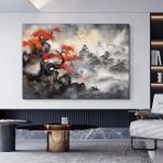 Japon Dağ Manzaralı Kanvas, Asya Tarzı Ev Dekoru, Japon Doğa Tablosu - 80 x 120 - Çok Renkli