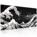 Japon Deniz Dalgası Oyun Fare Altlığı, 31,5 x 11,8 cm Japon Kanagawa Siyah Mousepad Masa Örtüsü, Sıvı Kontrolü için Yüksek Performanslı Pürüzsüz Hassas Kumaş Fare Altlığı, Kararlı Kaymaz Kauçuk