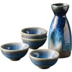 Japon Sake Seti, 5 Parça El Boyaması Seramik Sake Servis Seti, 4 x 30 ml Bardak + 1 x 130 ml Tencere - Lacivert