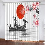 Japon Tarzı 3D Karartma Perdeleri Çocuk Yatak Odası ve Oturma Odası için Modern Dağ ve Tekne Tasarımı Isı Yalıtımlı Soğuk Karşıtı Ekstra Geniş Polyester Paneller 2'li Set 110x215 cm