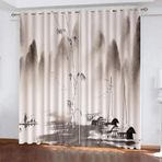 Japon Tarzı Karartma Perdeleri Çocuk Yatak Odası ve Oturma Odası için Modern 3D Dağlar ve Tekneler Tasarımı Isı Yalıtımlı ve Soğuk Karşıtı %100 Polyester Geniş Genişlik 2'li Panel Seti 110x215 cm