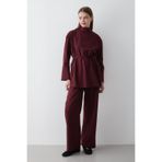 JASTE Kadın Bordo Dik Yaka Kuşaklı Tunik & Düğme Detaylı Beli Lastikli Pantolon Alt&Üst Takım