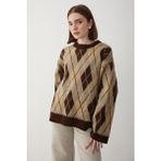 Jaste Kadın Oversize Argyle Desenli Triko Kazak KAHVERENGİ - Kahverengi - Standart