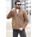 JB John Borners Erkek Kışlık Polarlı Sweatshirt Kahverengi Yarım Fermuarlı Dik Yaka Boğazlı - 6053