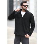 JB John Borners Erkek Kışlık Polarlı Sweatshirt Siyah Yarım Fermuarlı Dik Yaka Boğazlı - 6053