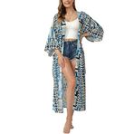 JDiction Kadın Mayo Cover Up Mayo Kimono Uzun Plaj Elbise Çiçek Dantel Bikini Yüzmek Coverup, Mavi ekose, Tek Beden