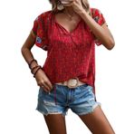 JECTZ Kadın Bluz Kısa Kollu Çiçek Baskılı Boho Hawaii Tişörtleri Kadınlar için Üstler Büyük Beden V Yaka Bol Kesim Zarif Gömlek Bluzlar Tunik Üst Kırmızı Kahve Mavi Beyaz S M L XL XXL, kırmızı, S