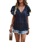 JECTZ Kadın Bluz Kısa Kollu Çiçek Baskılı Boho Hawaii Tişörtleri Kadınlar için Üstler Büyük Beden V Yaka Bol Kesim Zarif Gömlek Bluzlar Tunik Üst Kırmızı Kahve Mavi Beyaz S M L XL XXL, mavi, S