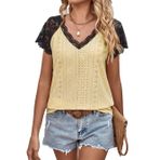 JECTZ Kadın Tişört Yaz Kısa Kollu Dantel Trim Zarif Gömlek Kadınlar için Bluzlar Büyük Beden V Yaka Çiçekli Bol Tunik Üst Bluz Siyah Mavi Yeşil Pembe Mor Beyaz Sarı S M L XL XXL, Yellow, XXL