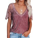 JECTZ Kadın Üstleri Kısa Kollu Dantel Trim Oyma Zarif Tişört Bluz Kadın Büyük Beden Düz Temel Bol Kesim Gömlek Bluz Tunik Üst Siyah Gri Kırmızı Beyaz S M L XL XXL, kırmızı, XL