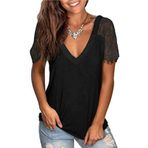 JECTZ Kadın Üstleri Kısa Kollu Dantel Trim Oyma Zarif Tişört Bluz Kadın Büyük Beden Düz Temel Bol Kesim Gömlek Bluz Tunik Üst Siyah Gri Kırmızı Beyaz S M L XL XXL, siyah, XXL