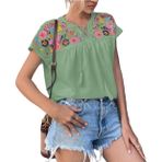 JECTZ Yaz Kadın Yuvarlak Yaka Kravat İşlemeli Baskılı Şifon Gömlek Kadın Dolman Kollu Gevşek Dantel Up Üst Siyah Yeşil Beyaz S M L XL XXL, yeşil, XXL