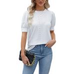 JECTZ Yazlık Kadın Kısa Kollu Üst Dantel Günlük Bol Bluzlar Kadınlar için UK Bisiklet Yaka Tişörtler Düz Puf Kollu Waffle Üst Siyah Mavi Yeşil Mor Kırmızı Beyaz Sarı S M L XL XXL, beyaz, L