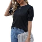 JECTZ Yazlık Kadın Kısa Kollu Üst Dantel Günlük Bol Bluzlar Kadınlar için UK Bisiklet Yaka Tişörtler Düz Puf Kollu Waffle Üst Siyah Mavi Yeşil Mor Kırmızı Beyaz Sarı S M L XL XXL, siyah, S