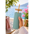 Jenisa Bambu Pipetli Cam Bardak 550 ML Silikon Kılıflı Kahve Bubble Tea ve Su Şişesi - Yeşil