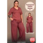Jenny Daphne Büyük Beden Kadın Viskon Pijama Takımı Esnek Rahat Kalıp Kısa Kollu V Yaka Desenli Yazlık Pijama 2XL-3XL-4XL beden 11056