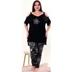 Jenny Daphne Lady viskon kumaş büyük beden çiçek desenli omuz detaylı kısa kollu uzun pijama takımı 10955
