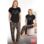 Jenny Daphne Viskon kumaş lady leopar desenli normal beden bisiklet yaka kısa kol tişört pijama takımı 12556