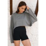 Jerf Aura Kadın Gri Crop Uzun Kol T-Shirt %100 Pamuklu Rahat Kesim Vintage Desen