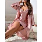 Jermo Kadın Saten Degaje Yaka Sabahlık Gecelik Takım 2 Li Paket - XL - Pembe