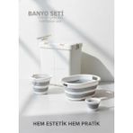 Jet's Home 4’lü Katlanabilir Çamaşır Sepeti Seti – 80 Litre Gold/beyaz Kirli Sepeti, Sele, Su Kovası ve Maşrapa - 55x36x59 cm - Beyaz - Gold