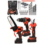 Jetvolt 3 Lü Set Kömürsüz Motor Çift Akülü Şarjlı Matkap Şarjlı Budama Makası Şarjlı Budama Testeresi - Kırmızı