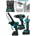 Jetvolt 3 Lü Set Kömürsüz Motor Çift Akülü Şarjlı Matkap Şarjlı Budama Makası Şarjlı Budama Testeresi - Mavi
