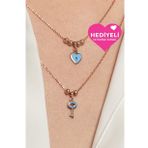 Jewelmim 925 Ayar Mavi Kalp Anahtar Dorika Toplu Kadın Gümüş Kolye